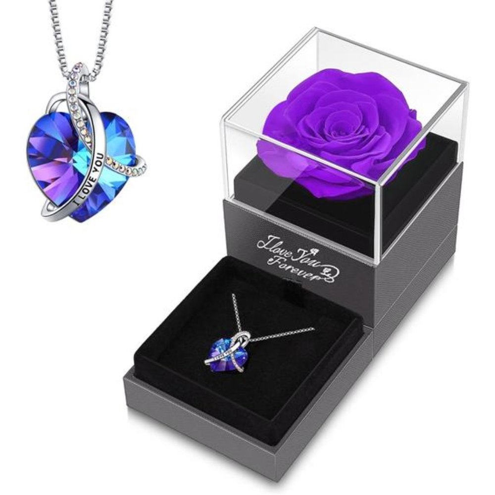 Preserved Real Purple Rose with Heart I Love You Necklace -Eternal Flowers Rose